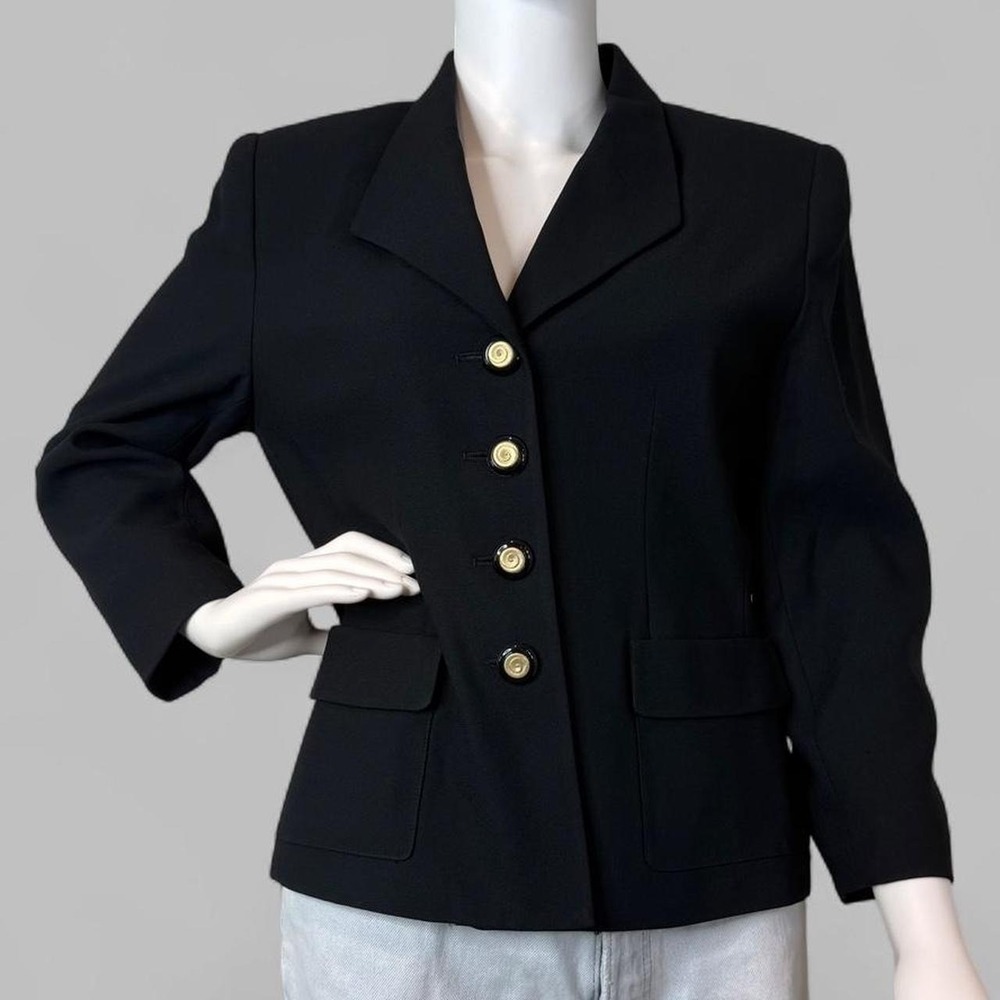 Vintage 90s Kasper A.S.L. Black Gold Button Blazer Petite 8P